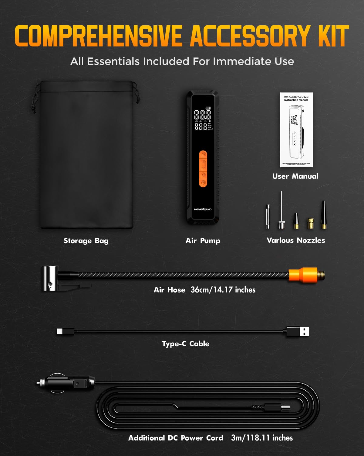 NEVERLAND Tire Inflator Portable Air Compressor - with 20000mAh Battery 150 PSI Air Pump For Car Tires 12V — view 8