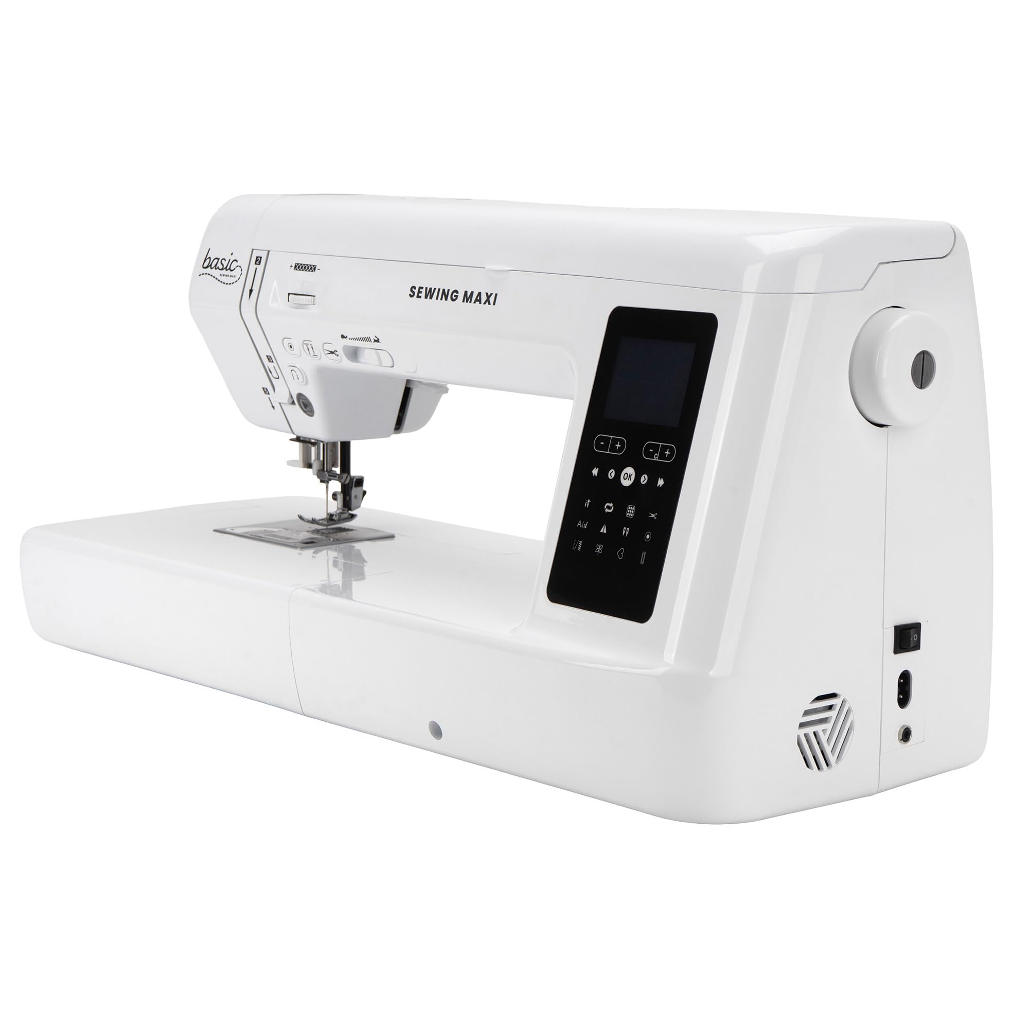 Nähwelt Flach Basic Sewing Maxi Computer-Nähmaschine – Langarm Nähmaschine mit 30 cm Durchlass, 200 Stichen, LCD-Display & Kniehebel, 1000 Stiche/Min