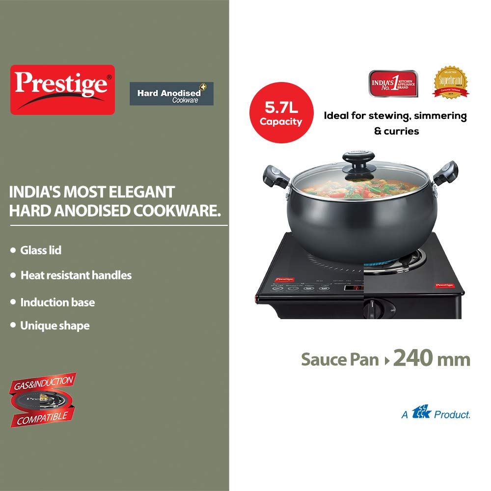 Prestige Hard Anodized Cookware Lifetime Induction Base Sauce Pan, 24Cm, Black, Aluminium Non-Stick, 5.7 Litre 1