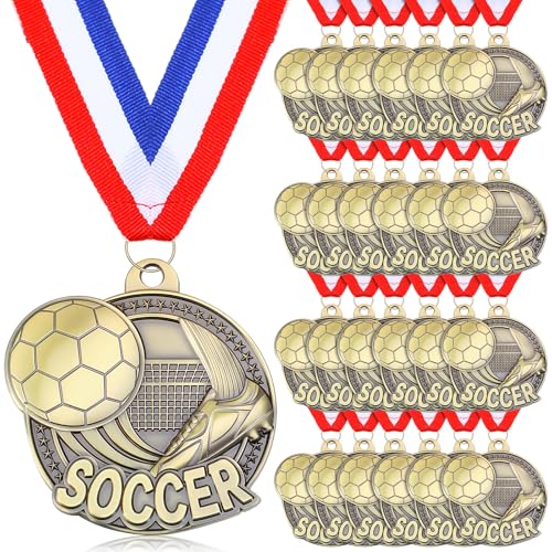 Cunno 24 Pcs Gold Medals Bulk 2 Inch Award Ribbons Sports Themed Metal Medal Trophy for Team Day Tournaments Birthday Party Winner Gifts(Soccer)