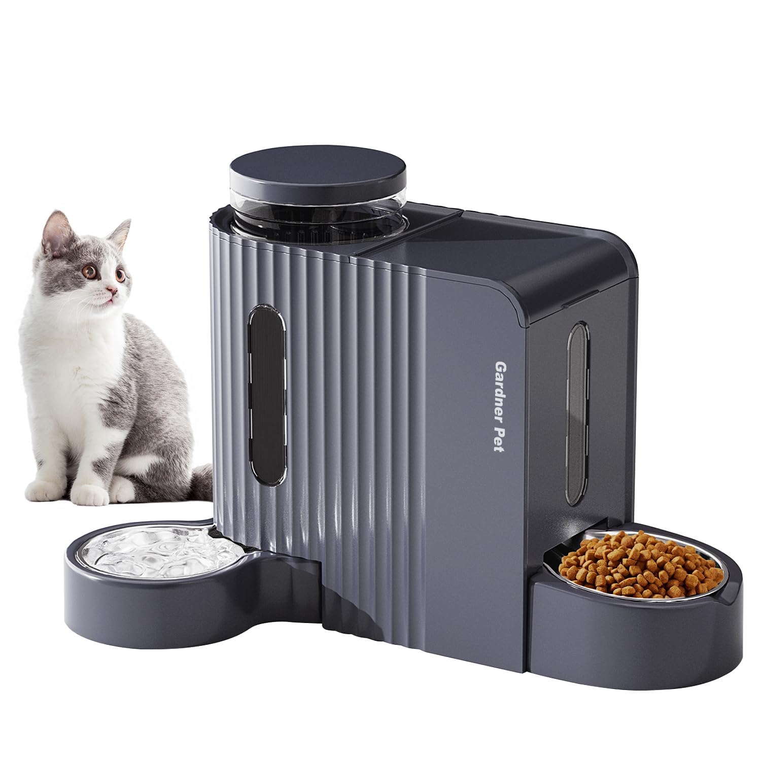 Gardner Pet 2 in 1 Distributore Automatico Cibo e Acqua Gatti (6L*2), Distributore Automatico Cibo Gatti con Ciotola in Acciaio Inox, GravitÀ Dispenser Crocchette Gatto, Senza BPA, Grigio Scuro