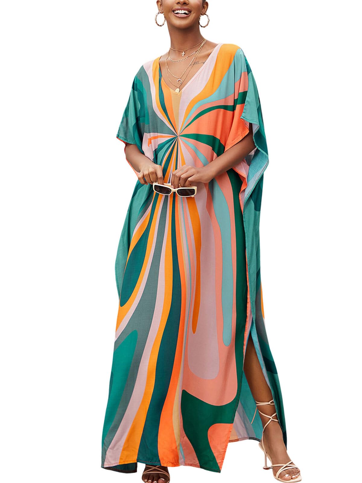 Moroccan Print V-Neck Batwing Kaftan Womens Plus Size Loose Fit Beach Dress Bathing Suit Cover Up Loungewear