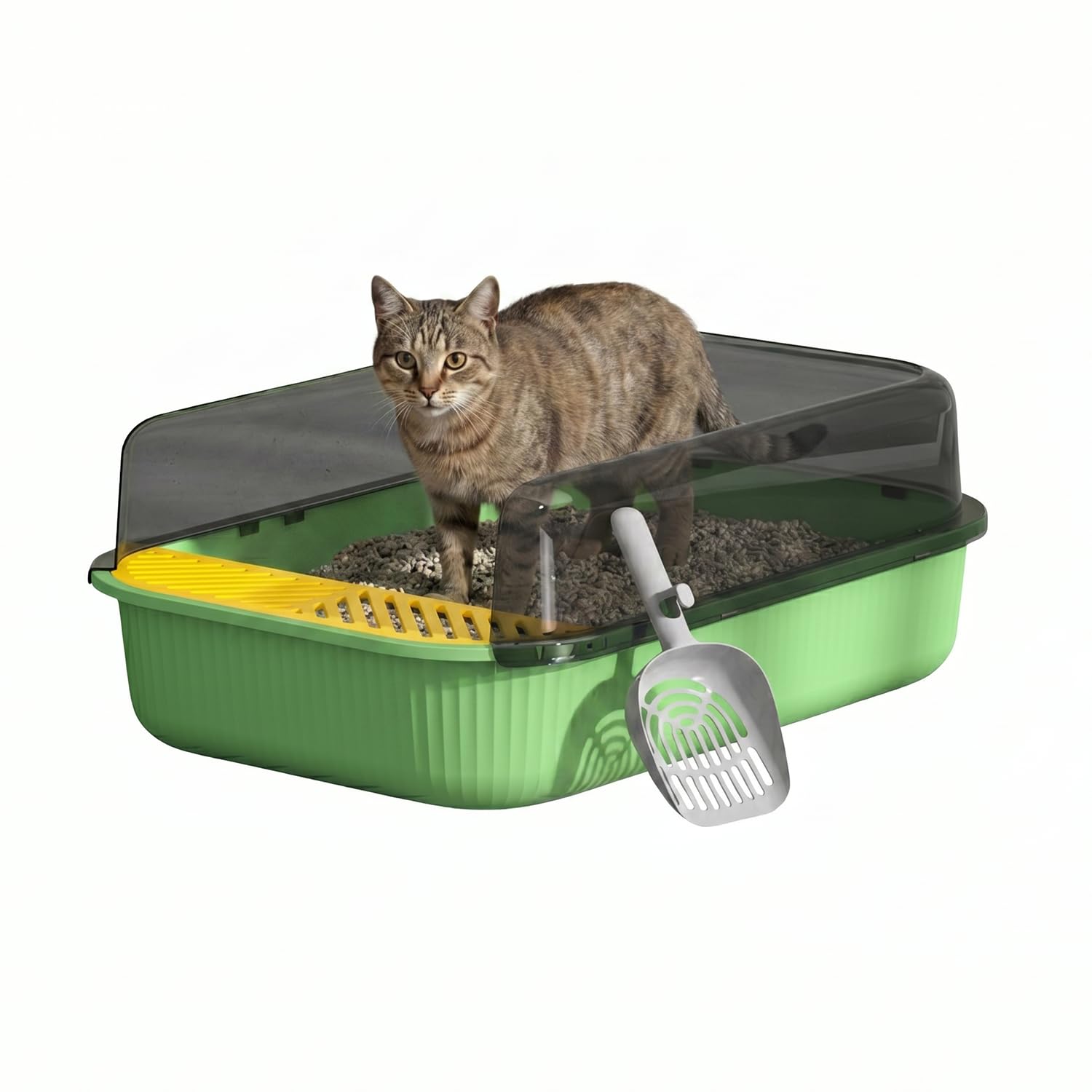 PAWSWARE Medium Cat Litter Tray with High Sides Splash Proof Design - Semi Enclosed Pet Toilet with Anti Tracking Easy Clean Surface - Durable Non Toxic Plastic Litter Box with Scoop (Grass Green)