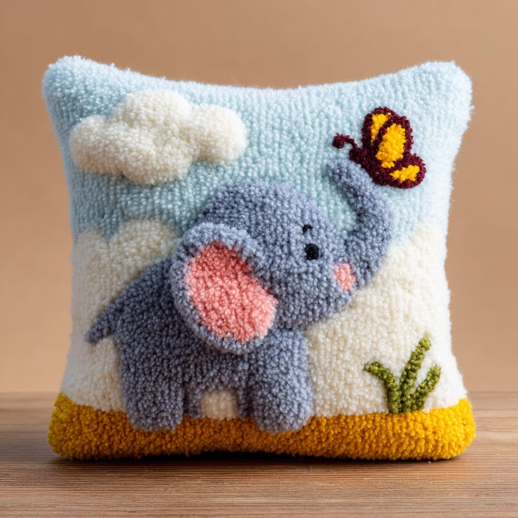 Henypt DIY Latch Hook Pillow Cover Kits Butterfly and Elephant