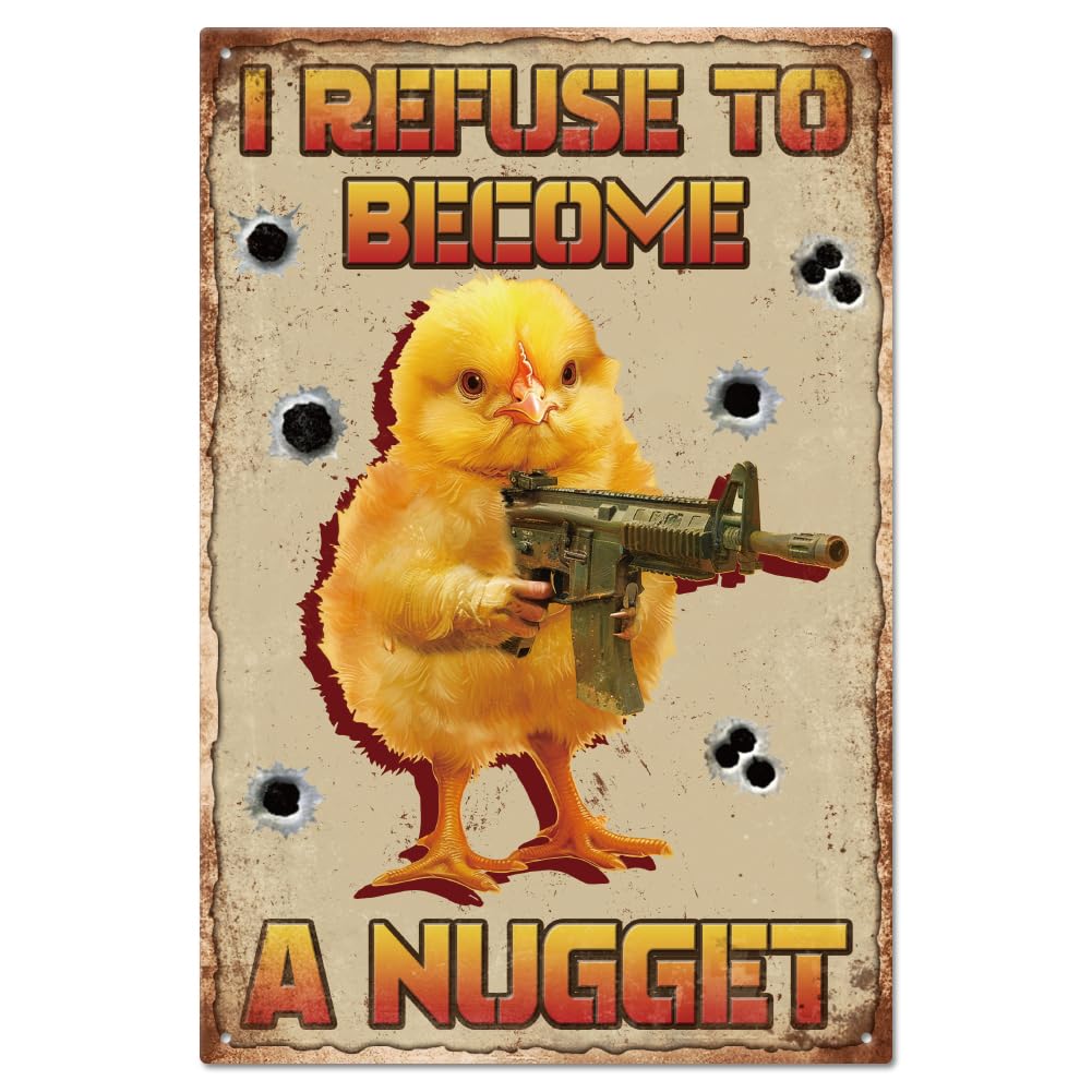 XingFox I Refuse to Become A Nugget Chickens Fight Back Vintage Metal Tin Signs for Home Office Kitchen Bar Cafe Garden Farm Farmhouse Wall Decor 12x8 Inch