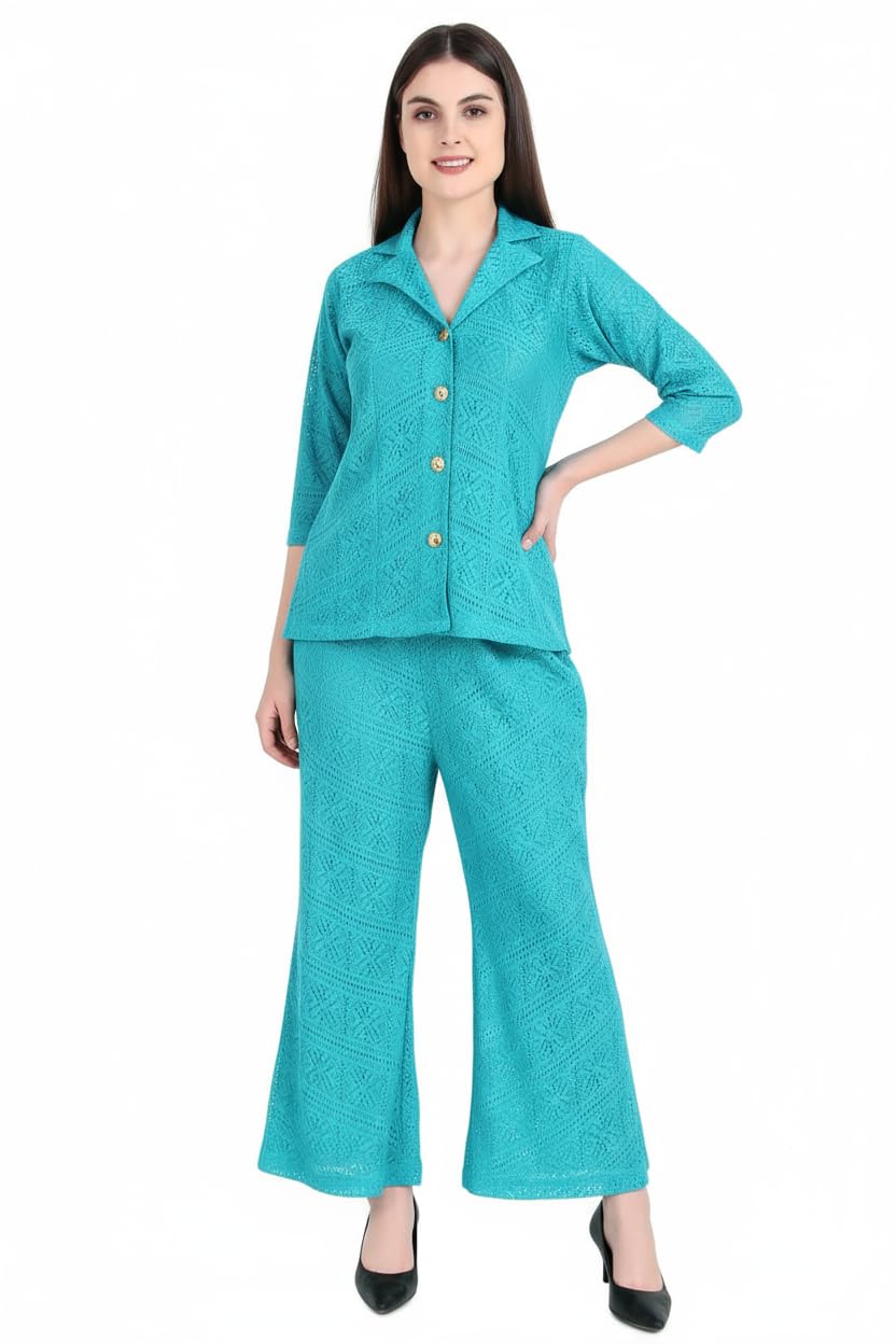 fashmita apparels Women’s Stylish Co-ord Set – Button Down Top with Wide Leg Pants | Elegant Casual Wear (IN, Alpha, S, Sky Blue)-picture-13