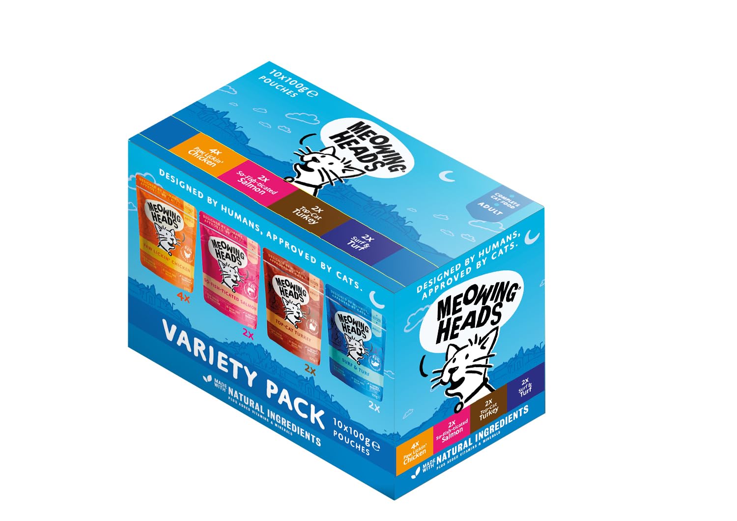 Meowing Heads Wet Adult Cat Food, Variety Pack, 10x100g Pouches, Grain-Free