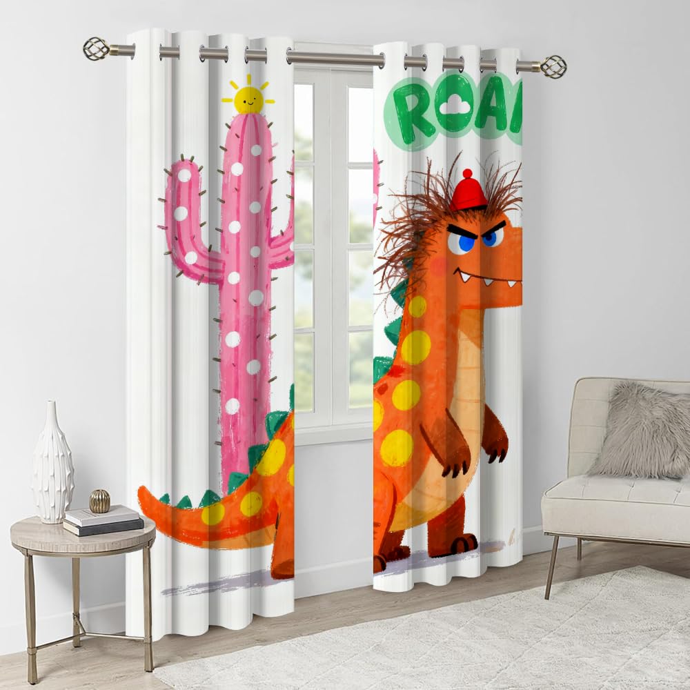 Dinosaure Salon Rideaux Occultants, Cactus Enfants Panneaux de Rideaux intérieurs, Thème pour Enfants Draperies, Dinosaure de Dessin animé Chambre Décoration Fenêtre L132 x H240cm x2