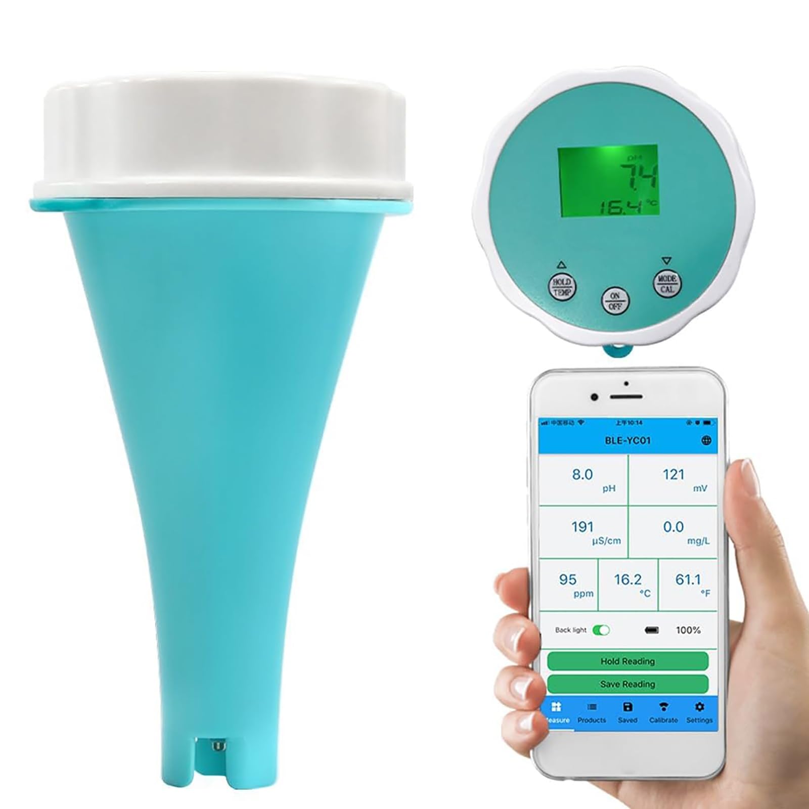 Tester Bluetooth for la qualità dell'Acqua, 6 in 1 PH EC TDS ORP Digitale Temp Cloro, App remoto Impermeabile ad Alta precisione for Piscina, Acquario, Laboratorio