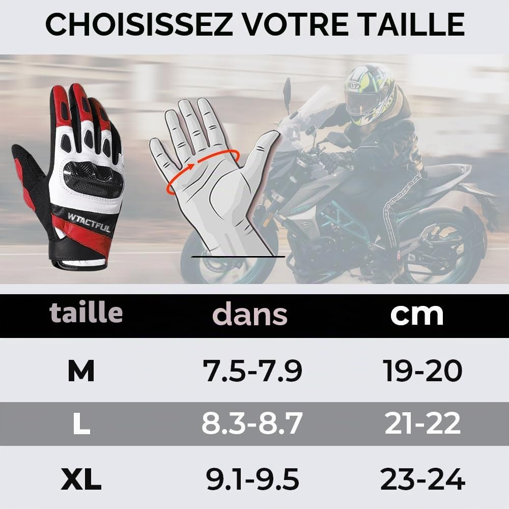 WTACTFUL Gants Moto en Cuir de chèvre avec Protection Carbone pour Femme et Homme - Gants complets tactiles pour Moto, Conduite et Motocross