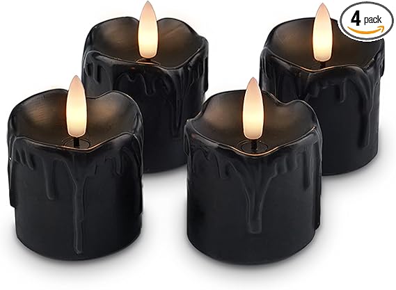 Rhytsing 2'' Black Flameless Votive Candles Real Wax Dripping Design, LED Faux Battery Operated Tealight Candles with Timer for Halloween - Set of 4