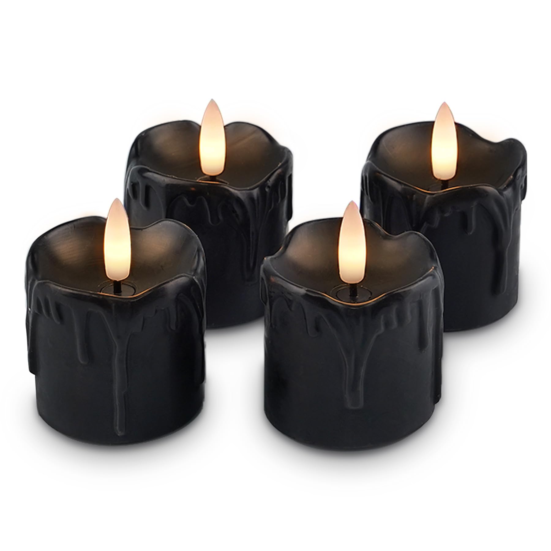 Rhytsing 4er Schwarze LED Kerzen mit Timerfunktion Für Halloween, Flammenlose Votivkerzen Echtes Wachstropfen-Optik, Batteriebetriebene Teelichter Für den Winter - D5cm