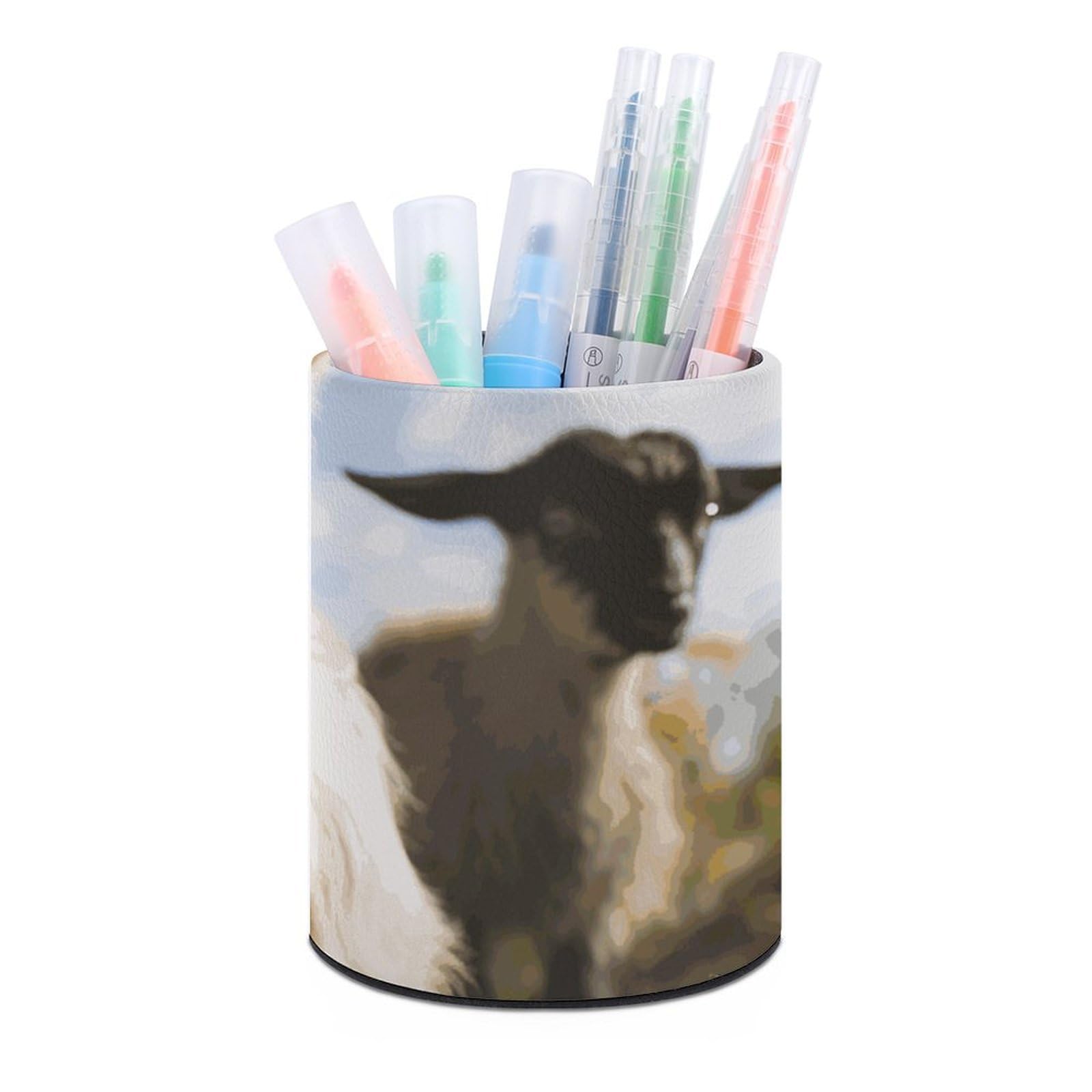 DWVTSLH Aesthetic Pen Holder for Desk - Modern Leather Pencil Holder - Stylish Round Makeup Brush Holder - Cute Goat Pen Cup Cute And Functional Desk Organizer for Office Supplies