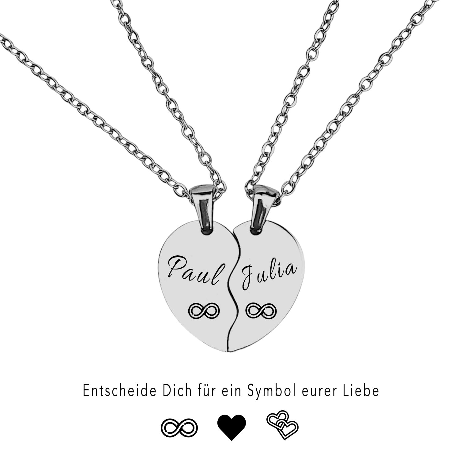 Herz Halskette für Paare mit Gravur | personalisiert mit Name, Datum, Spruch | Damen, Herren, Freundin, Verliebte | Kette verstellbar 45 cm, wasserfest mit Rückseite