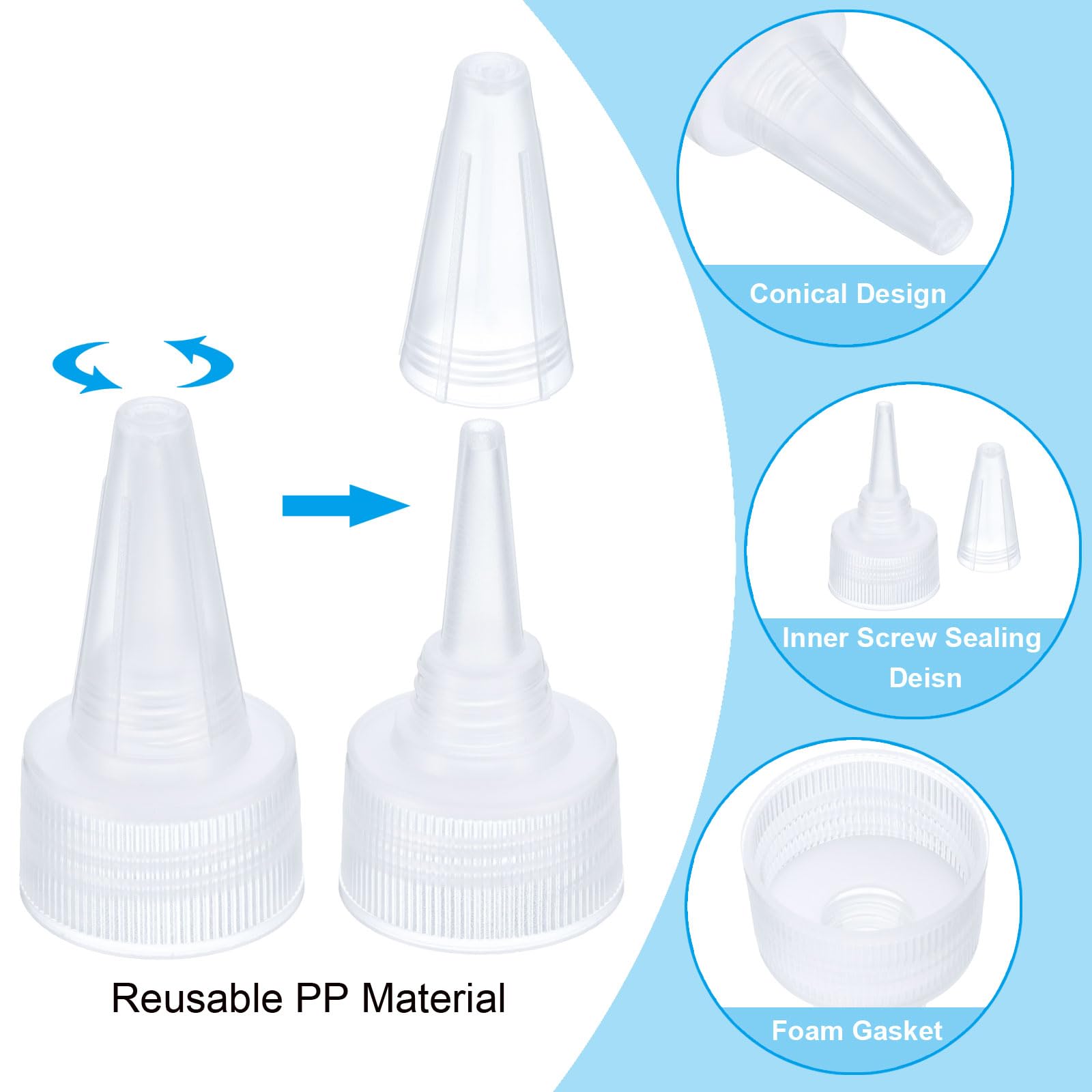 Squeeze Bottle Tops PATIKIL 24/410 Twist Bottle Caps, 45Pcs Plastic Ribbed Edge Squeeze Bottle Replacement Caps Connect Lid With Foam Gasket For Paint Lids Glue Squeeze Bottles For Paint