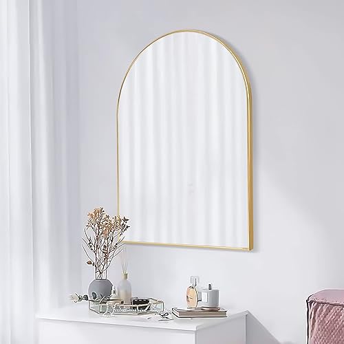 Miniatura 5 de Espejo de arco rectangular de 24 x 16 pulgadas, marco de metal de aleación de aluminio, marco de metal de vidrio HD, maquillaje para baño, entrada,