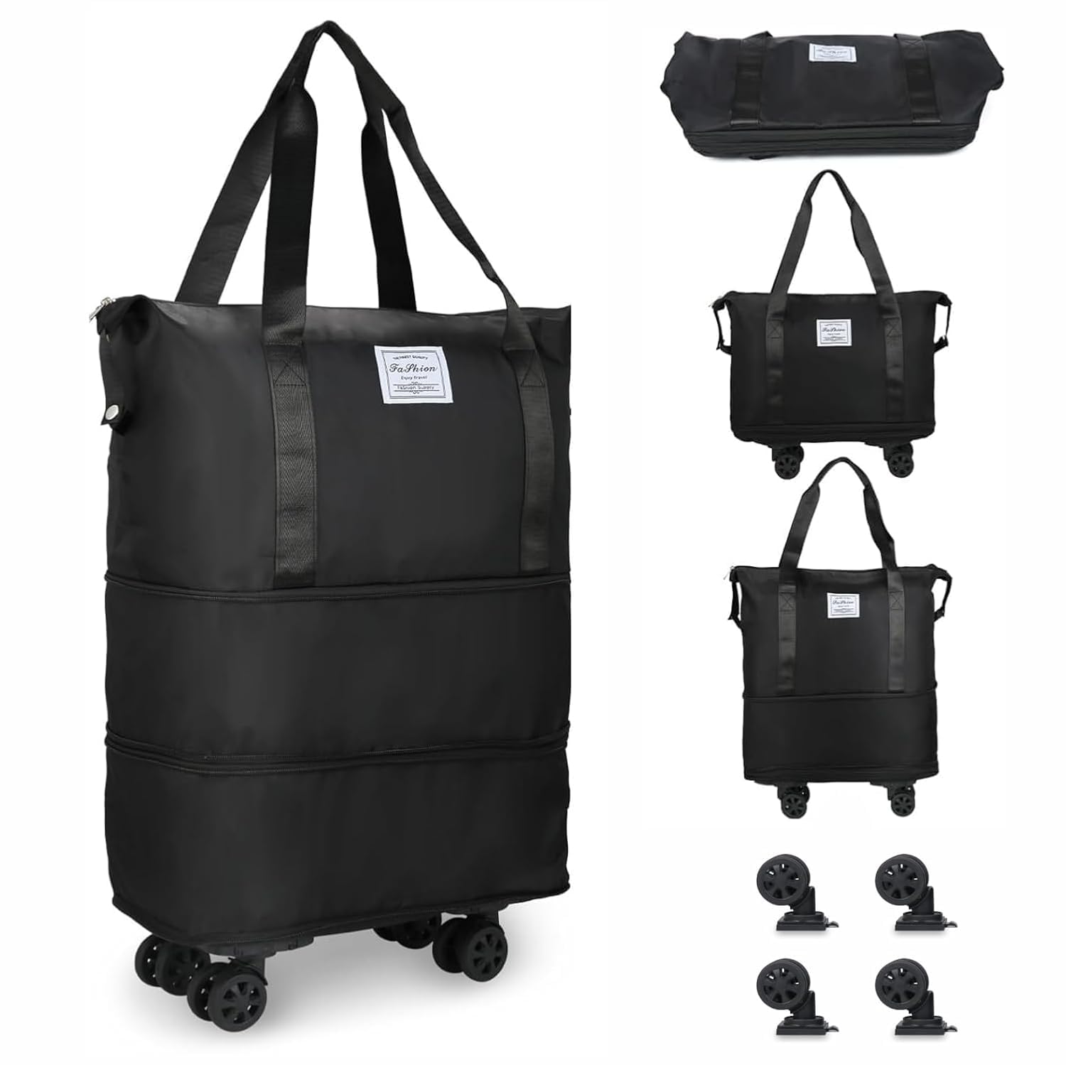 kitch fox Expandable Foldable Duffel Bag Suitcase, Rolling Duffle Bag with Wheels, Large Detachable Carry on Luggage Duffel Bag, Lightweight Weekend Bag for Men Women - Multicolor (Black)-picture-12