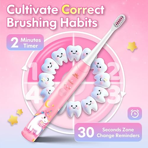 Miniatura 5 de DADA-TECH Cepillo de dientes eléctrico para niños, recargable, suave cepillo de dientes de unicornio con temporizador alimentado por tecnología