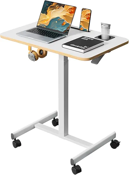 Liftsync Mobile Standing Desk, Rolling Laptop Cart Adjustable Height with Cup Holder, 28 inch Portable Table with 4 Lockable Wheels, White Computer Workstation with Hook and Slots for Home Office