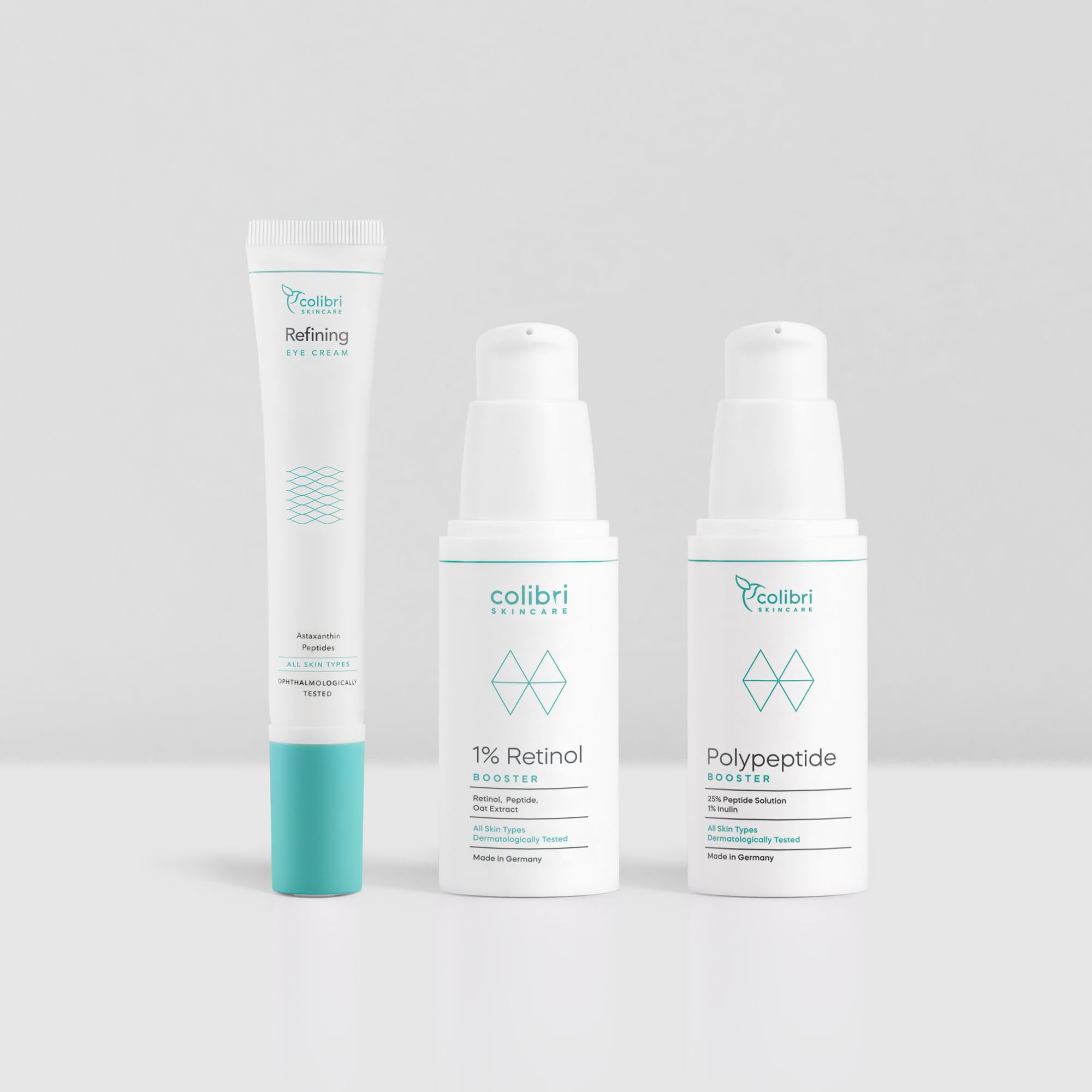 colibri skincare Slow Aging Set – 1% Retinol Booster + Polypeptide Booster + Refining Eye Cream – 3-teilige Anti-Aging Pflege für reifere Haut, vegan, dermatologisch getestet, Made in Germany