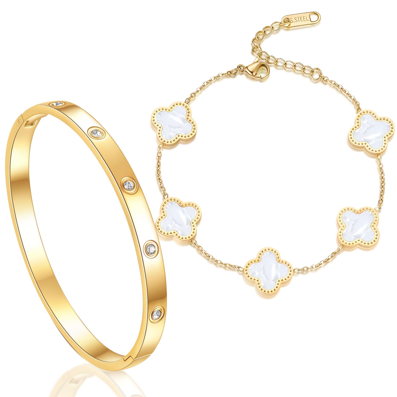 18K Vergoldet Kleeblatt Armband Set - 2-teilig Mit Cubic Zirkonia Armreif