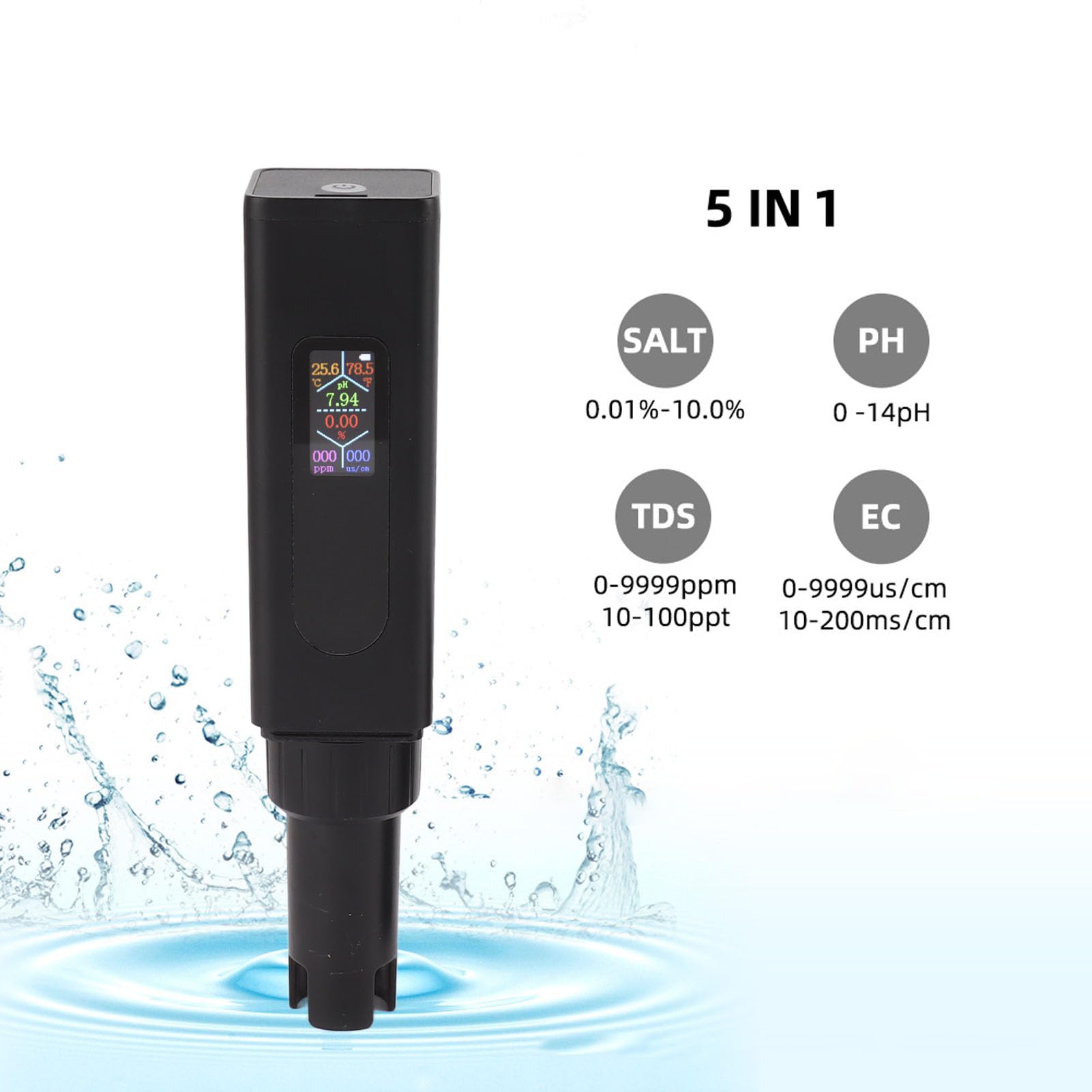 5 in 1 Tester di Qualità dei'Acqua di Salinità PH Temperatura TDS CE Testing Meter Schermo LCD Rilevatore di Acqua per Acquari Acqua Potabile Piscina