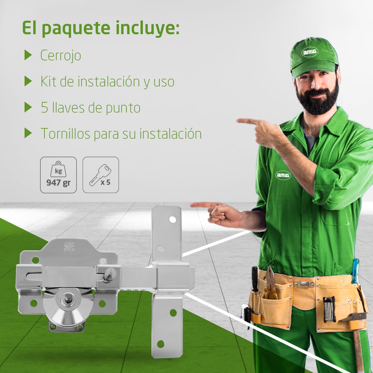 Amig - Cerrojo de Sobreponer para Puertas con Cilindro de Seguridad y Pestillo de Apertura - Acero - Color Plateado - Cilindro 70 mm - Incluye 5 Llaves de Punto - 88 x 153 mm