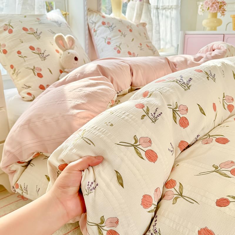 Joanna&Seasons-Housse de Couette 240x220 Fleurs Tulipe Beige,Vintage Parure de Lit Adult Motif Floral et Seersucker- Linge de Lit 2 Personnes en Microfibre avec Taies d'oreiller 65x65 cm