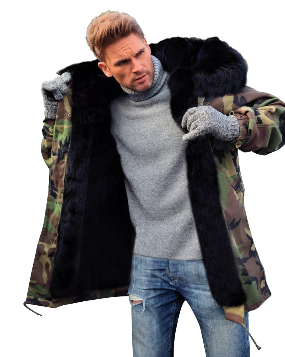 Aoxwomens Men's Casual Faux Fur Hood Thicken Winter Coat Lightweight Snow Jacket Parka