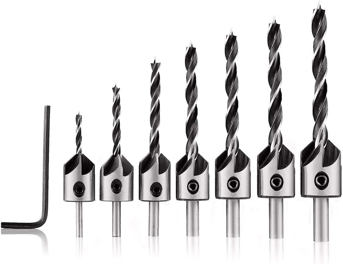 Countersink Drill Bits, 7pcs Woodworking Countersink Drill Bits Set, Woodworking Chamfer High Carbon Steel Countersink Drill Bits for Woodworking 3 4 5 6 7 8 10mm with Hex Key