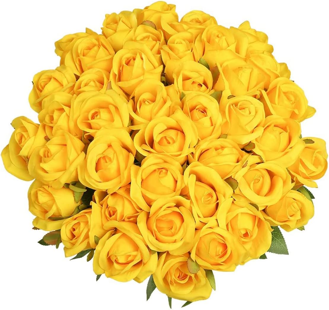 Fake Rose Flower Heads, 50 Pack Artificial Yellow Rose Flower Heads, 1.