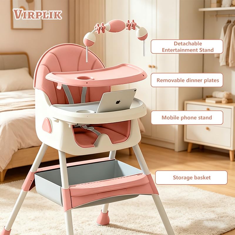 4-in-1 Foldable Baby High Chair for Babies & Toddlers, Adjustable High Chair with Removable Double Tray, Detachable PU Seat Cushion, Locking Wheels, Easy to Clean,Pink thumbnail