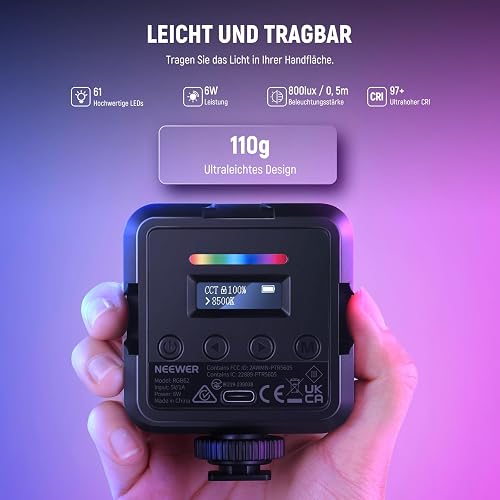 Neewer RGB62 Magnetic RGB Video Light with Upgraded APP Control, 360° Full Color LED Camera Light with 3 Cold Shoes CRI97+ 2500K-8500K 17 Scenes 2000mAh Rechargeable Portable Photography Lighting - 2