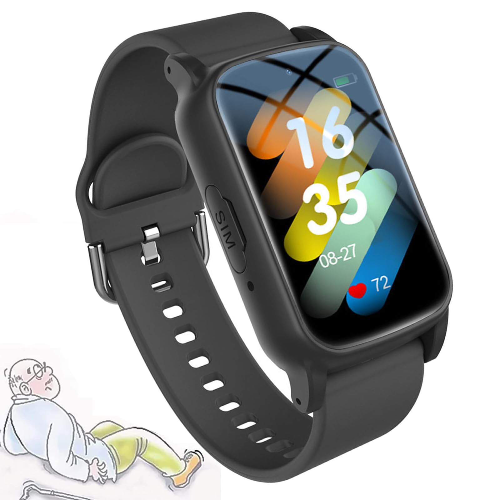 Bracciale SOS Anziani Salvavita, Bracciale Smartwatch, Orologio GPS per Seniori, Informazioni Vocali, Orologio Intelligente con Rilevamento Caduta Allarme SOS,Black
