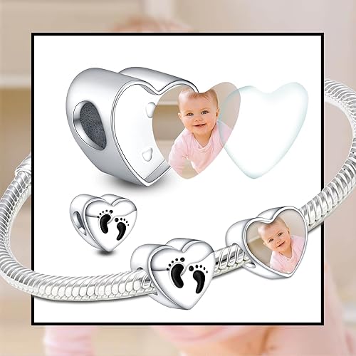 Miniatura 3 de NINGAN Abalorios personalizados con fotos de plata de ley 925 para pulseras, collares, cuentas redondas de corazón grabado personalizado para