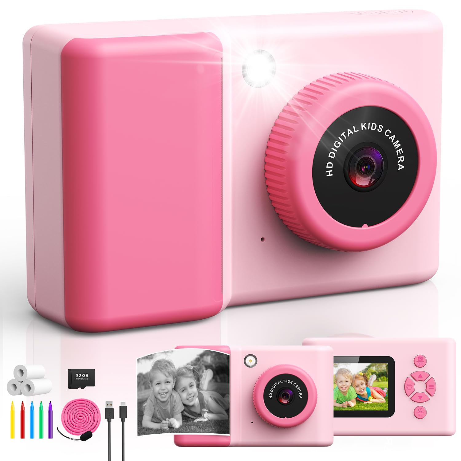 Ushining Cámara instantánea para niños, 1080P HD, cámara instantánea con tarjeta de 32 GB y papel de impresora, pantalla IPS de 2,4 pulgadas, cámara digital, regalos para niños/niñas de 3 a 12 años