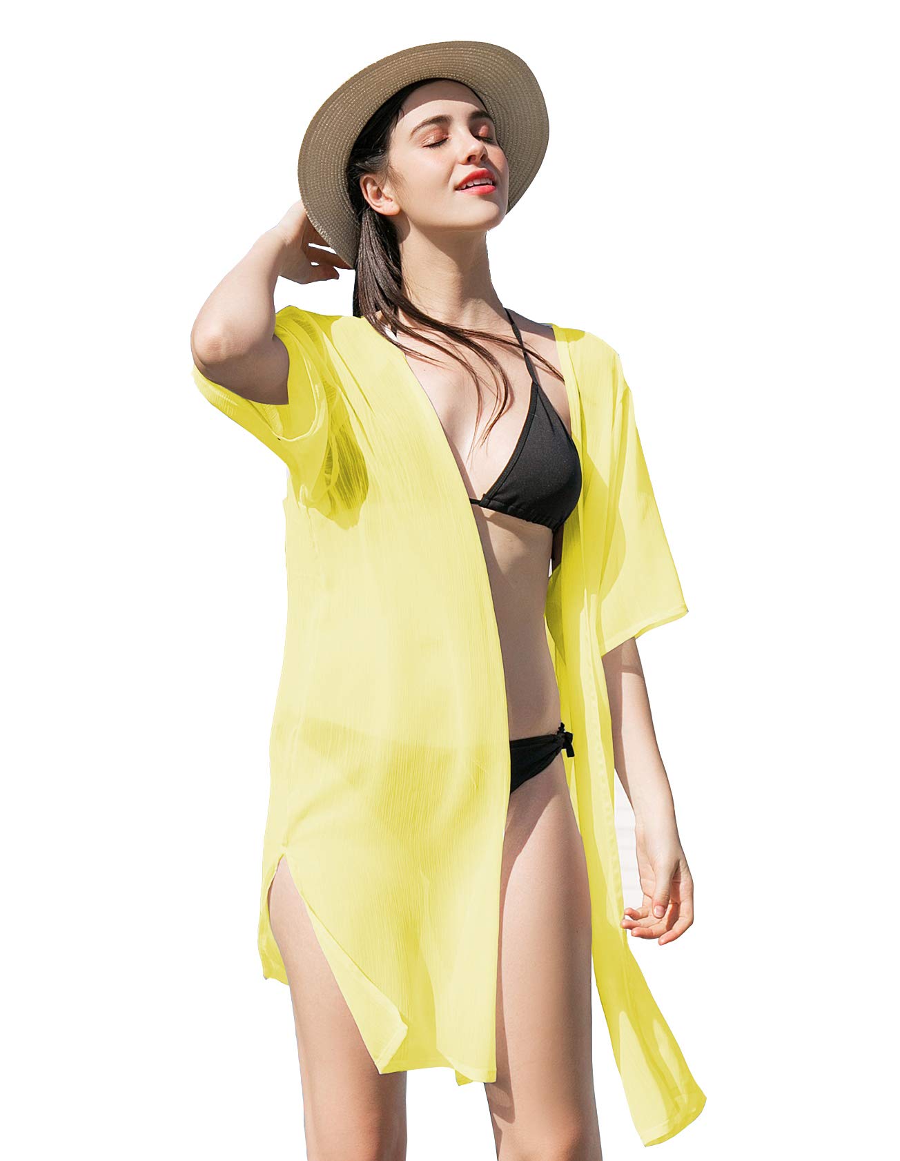 LA CARRIEWomen's Chiffon Kimono Cardigan Cover Up with Half Sleeve Summer Sheer Beachwear Swimsuit for Bikini