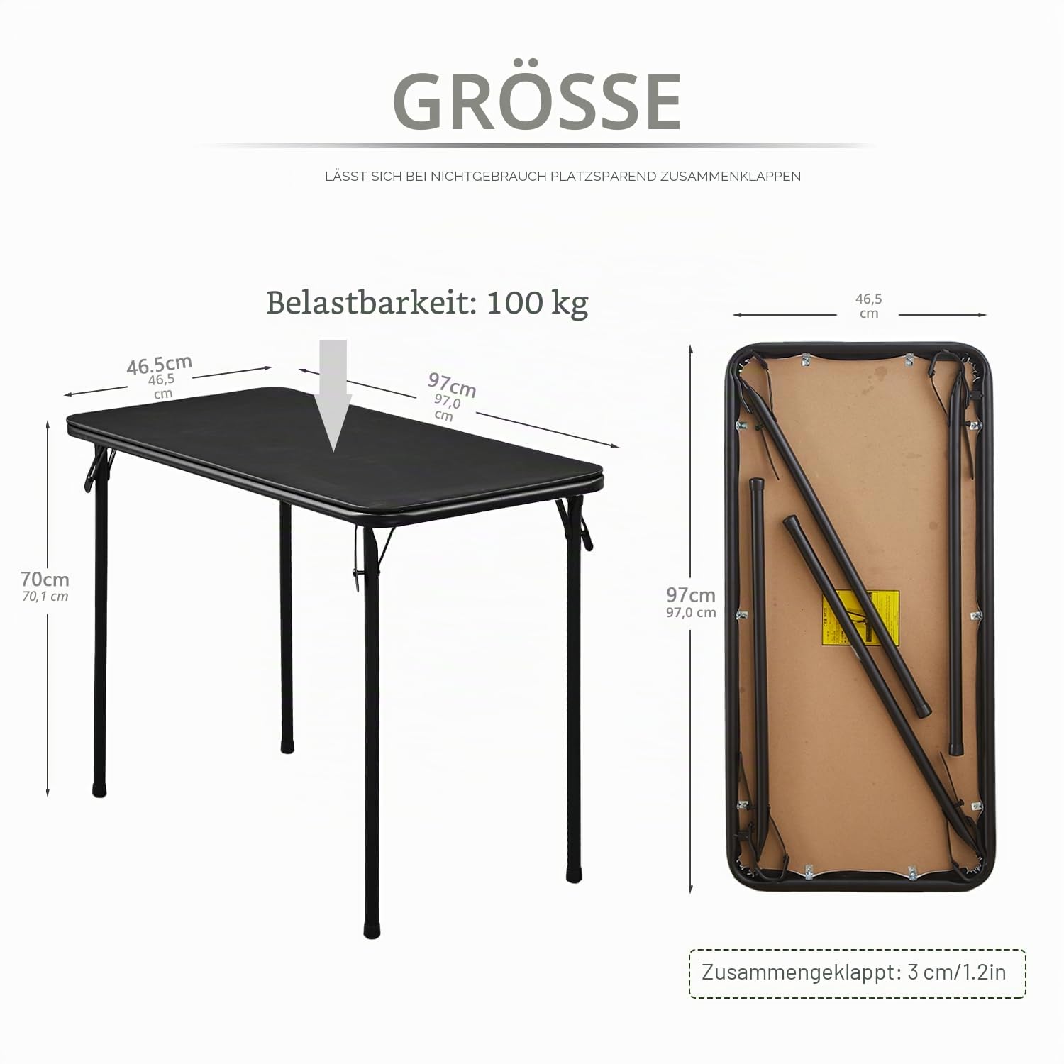 KAIHAOWIN Klapptisch 47 x 97 x 70 cm, Campingtisch Klappbar mit Pulverbeschichtete Stahlbeine, Schreibtisch Schwarz, Esstisch ohne Montage für Küche, Wohnzimmer und Garten