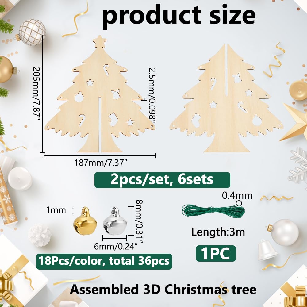 WADORN Kit di Artigianato Fai Da Te per Ornamenti In Legno per L'Albero di Natale, Set Ciondoli In Legno per Albero di Natale Non Finito, 36 ciondolo A Forma di Campana, 3 m di Cordino In Nylon Verde