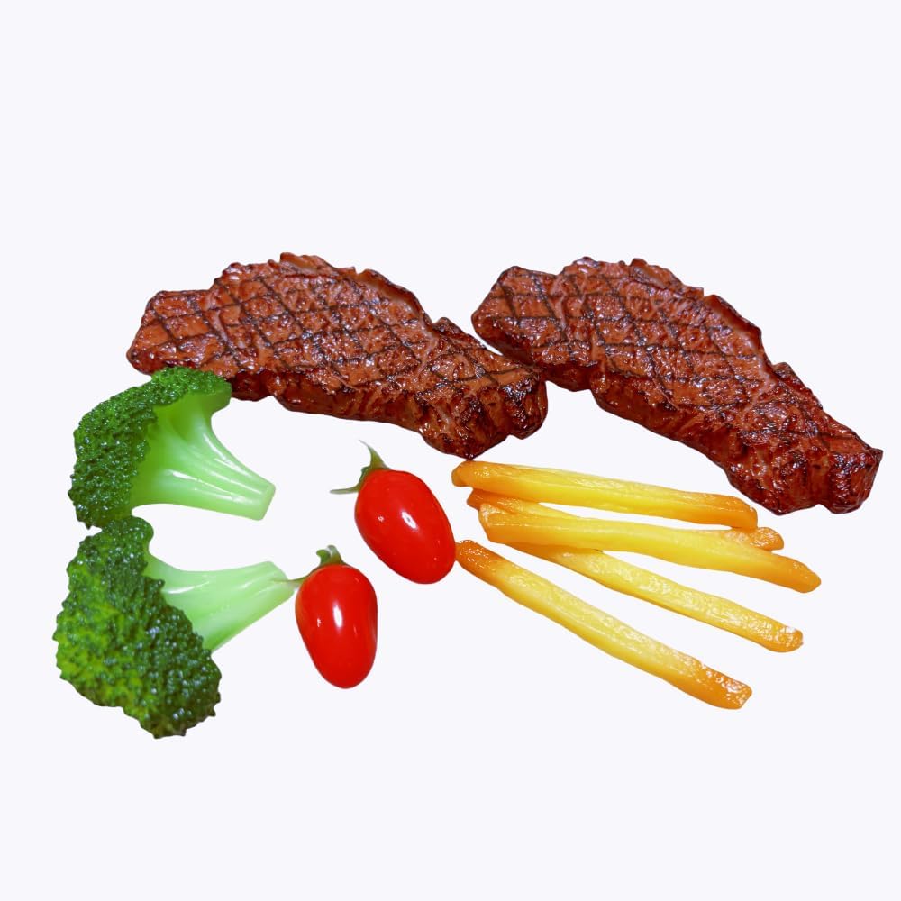 12pcs Fake Steak Model Set,2 pcs Fake Steak with Fake Broccoli Slice, Fake Tomato and Fake Fries,Simulation Food,Realistlike Steak, Fake Cooked Roast Beef,Photography Meat Props,Artificial Steak image 2