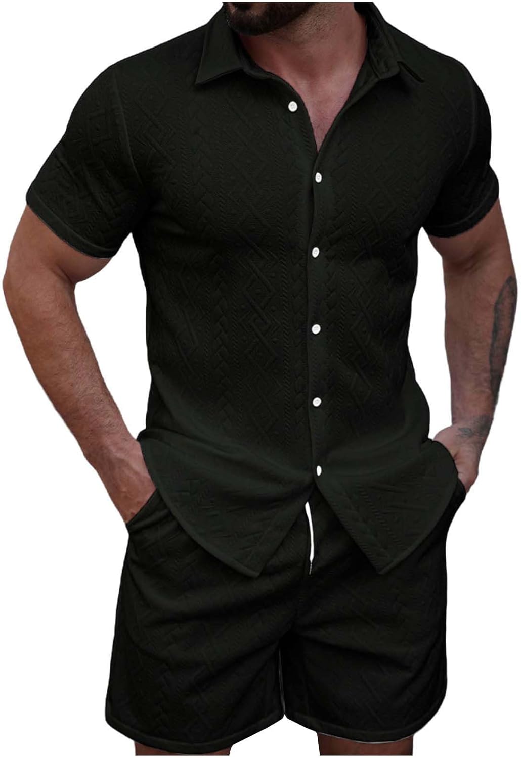 Men Set Polo Button Down Shirts Short Wide Leg Pants with Pockets Solid Color Comfy Hawaiian Suit