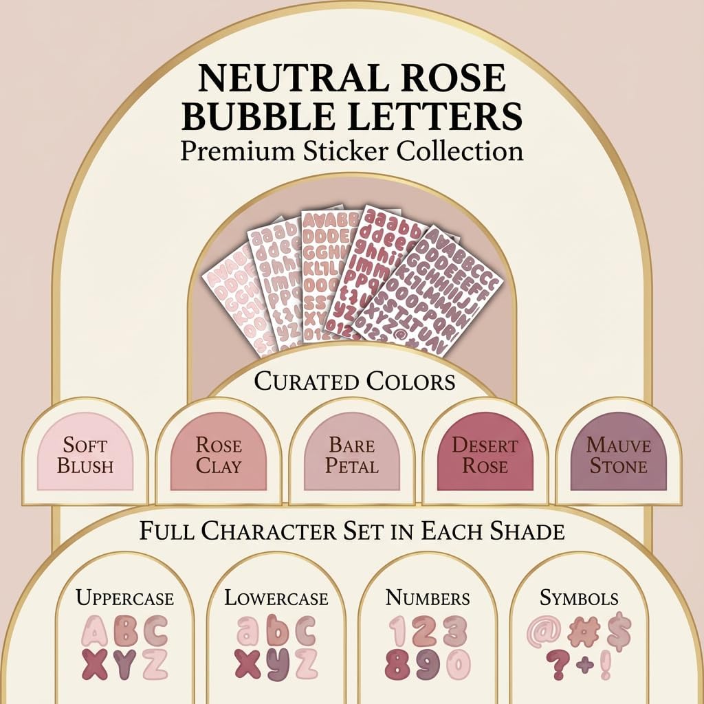 Neutral Rose Balloon Sticker Collection - 1.25" Tall in 5 Curated Shades: Rose, Blush, Clay, Mauve, Taupe - Self-Adhesive Vinyl with Over 700 Pieces