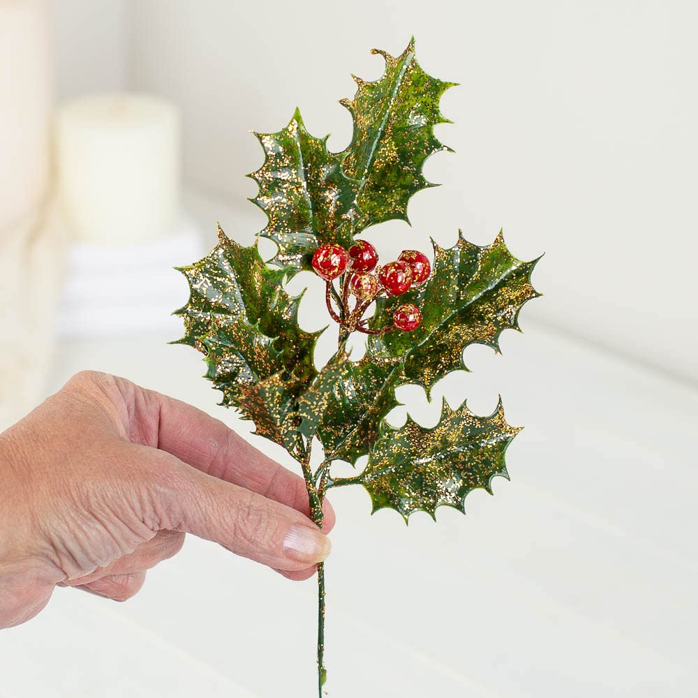 Factory Direct Craft Gold Glittered Holly Plastic Floral Picks (24 Pieces) - Holly and Berries for Christmas Tree Decorations Holiday Winter Seasonal Home Decor 10-1/2
