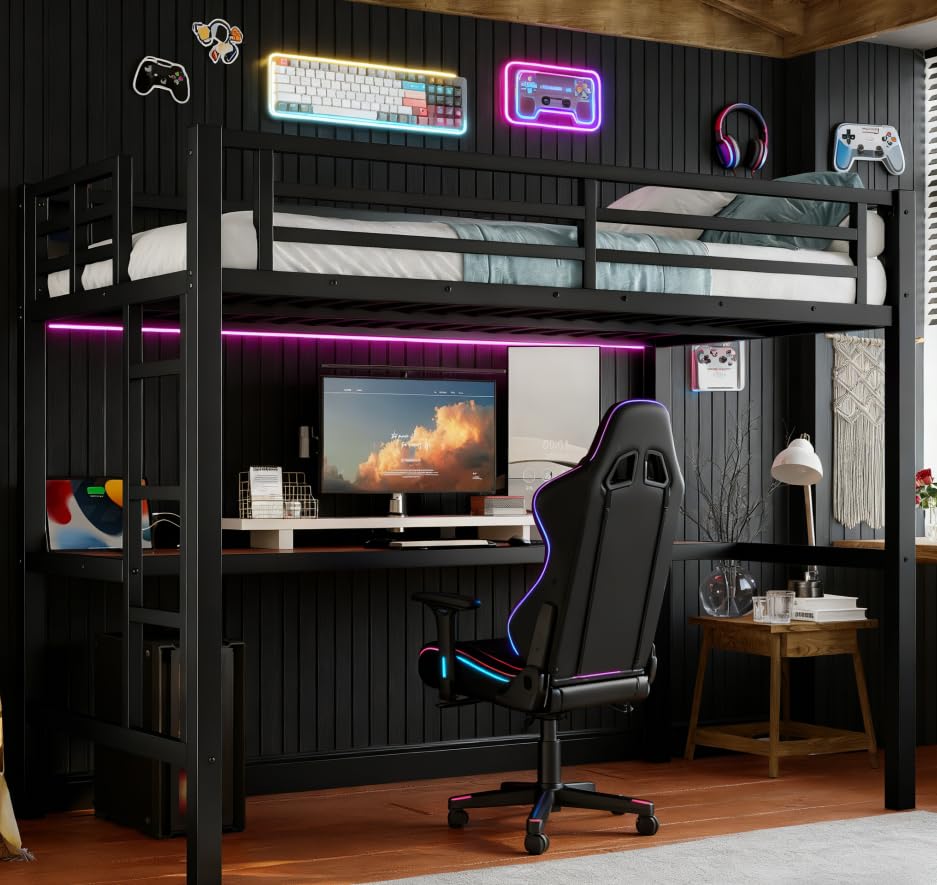 Bellemave Twin Loft Bed with Desk and LED, Metal Twin Loft Bed Frame with USB guardrail and Ladder for Adults, Kids, Teens, Black