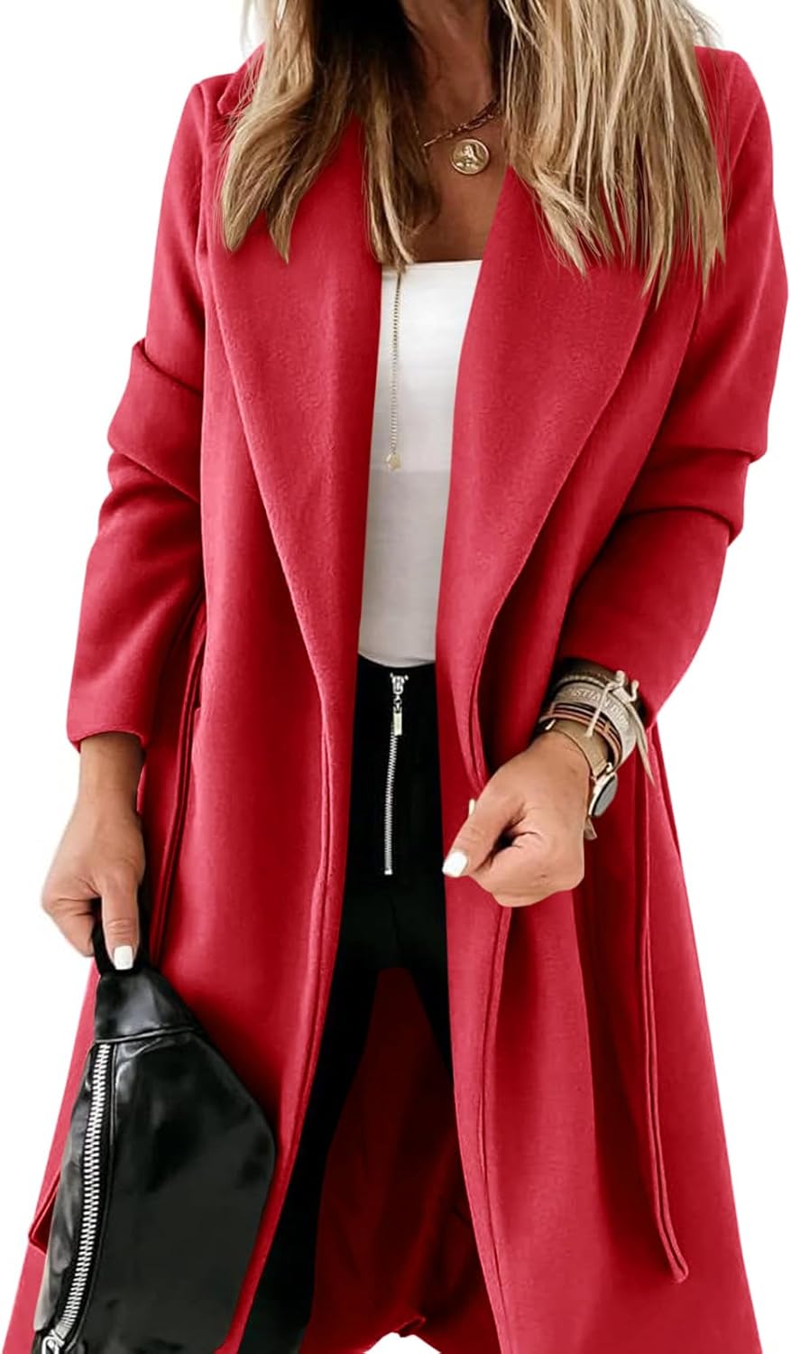 Womens Classic Coat Lapel Collar Open Front Belted Long Jacket