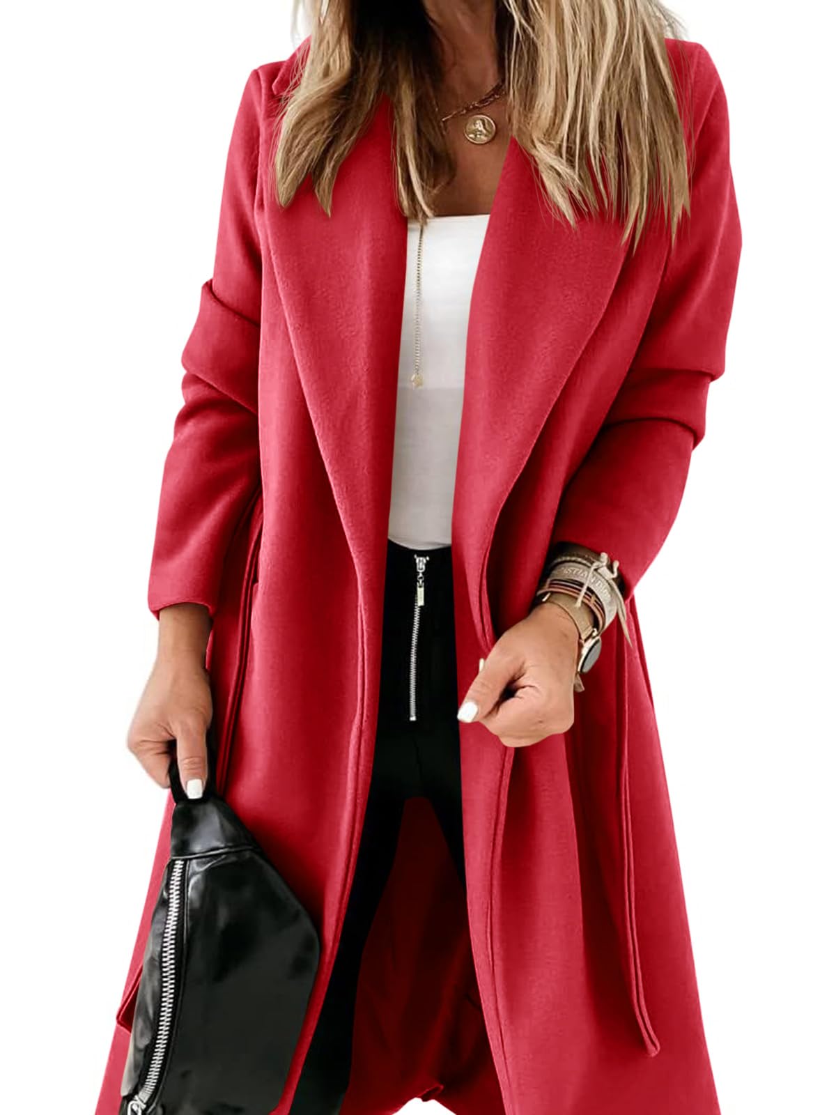 Womens Classic Coat Lapel Collar Open Front Belted Long Jacket, Red, XL