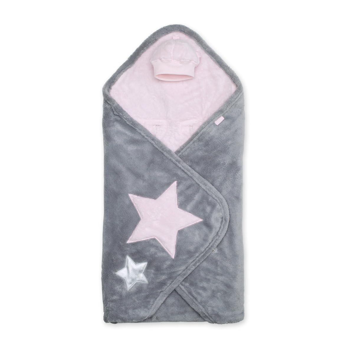BEMINI - Couverture nomade/Nid d'ange/ BISIDE - 90x90 cm - Collection Stary Motifs étoiles Rose pale - en Softy - Catégorie chaude