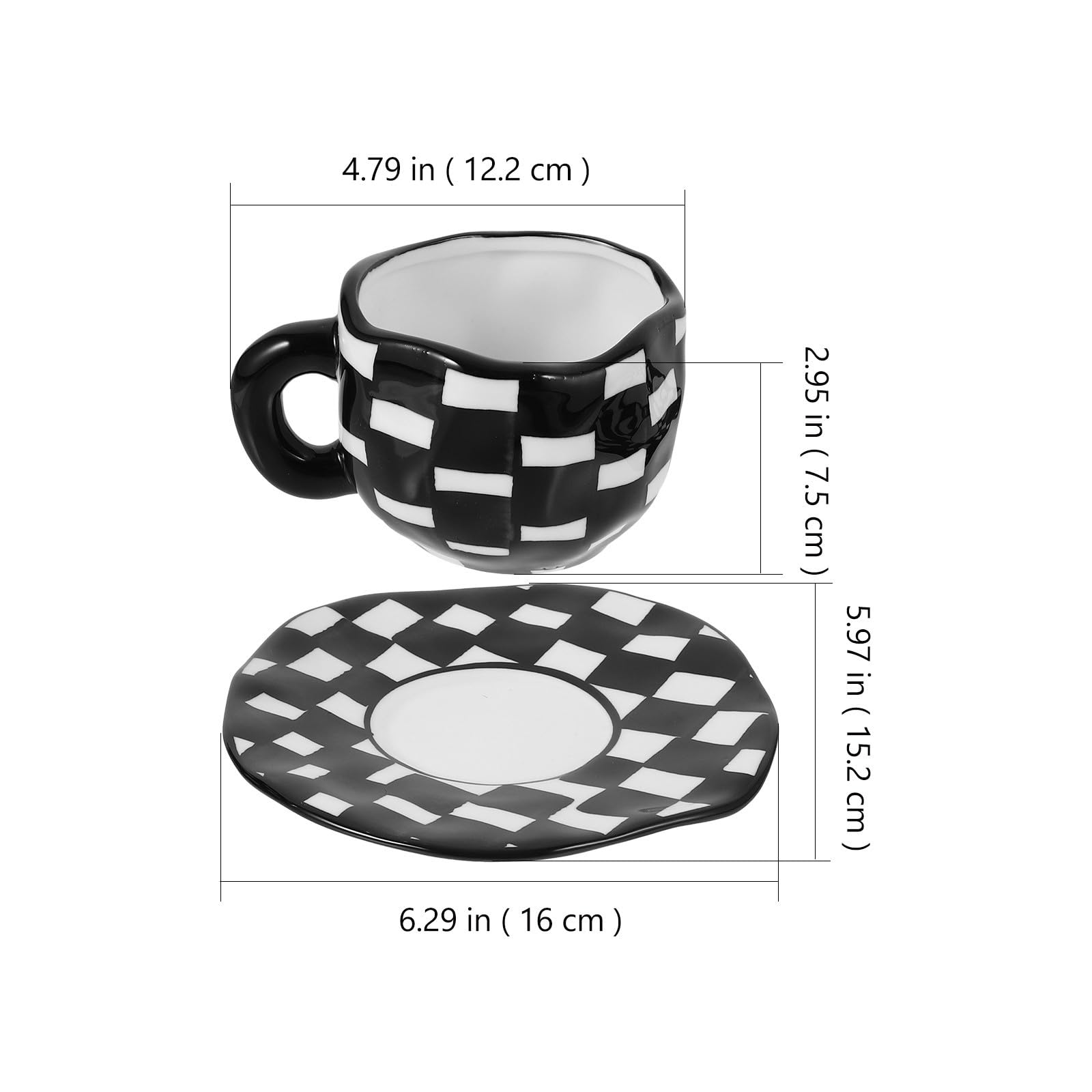 Karierter Becher mit Untertasse Satz aus Keramik Schwarz | Wasser und Fruchtsaft, Robust Verarbeitet, Leicht zu Reinigen, für Restaurant und Café