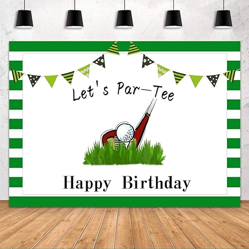 Let's Par-Tee - Telón de fondo de cumpleaños de golf, fondo a rayas verdes y blancas, bandera de color, decoración de fiesta temática, cabina de