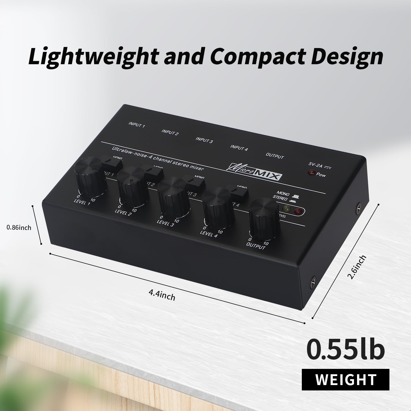 Horse Audio Mixer Line Mixer, 4-Channel Stereo Line Mixer for Sub-Mixing, Ultra Low Noise Operation, for Guitar, Microphone, Bass, Digital Keyboard, Suitable for Bar and Small Club, Black